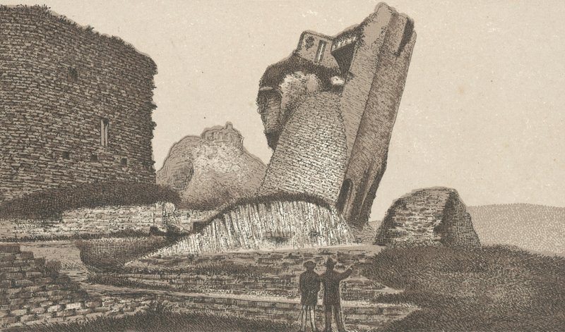 Caerphilly Castle, det skæve tårn (litho) af English School