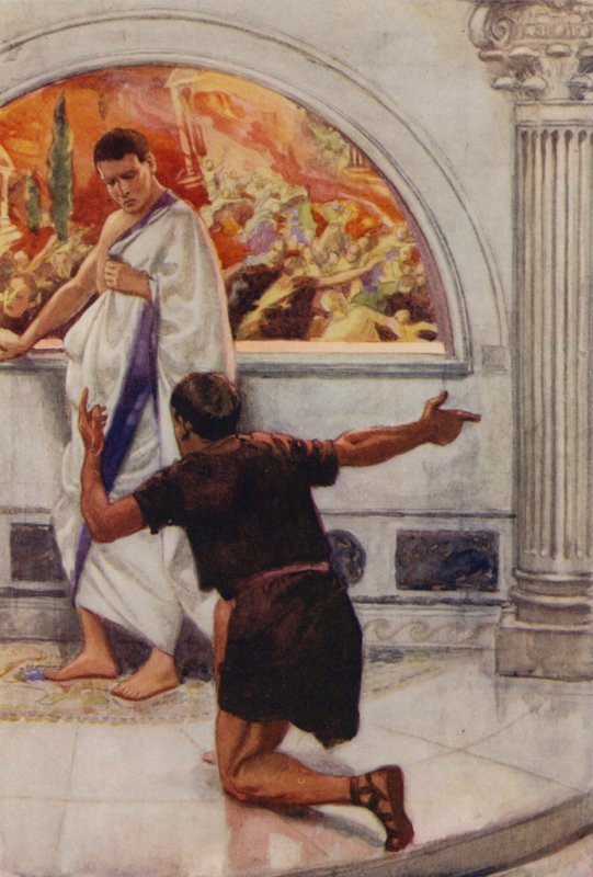 Rolig og uforfærdet går Plinius i bad, mens Pompeji styrter mod sin undergang (farvelitografi) af English School