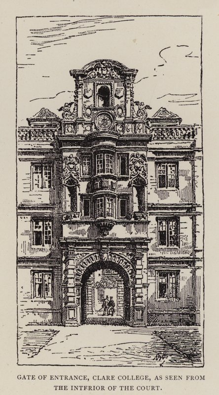 Cambridge: Gate of Entrance, Clare College, set fra domstolens indre (radering) af English School