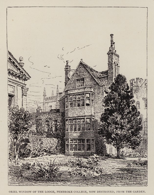 Cambridge: Oriel Window of the Lodge, Pembroke College, nu ødelagt, fra haven (ætsning) af English School