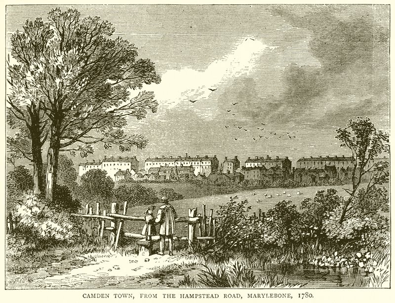 Camden Town, fra Hampstead Road, Marylebone, 1780 af English School