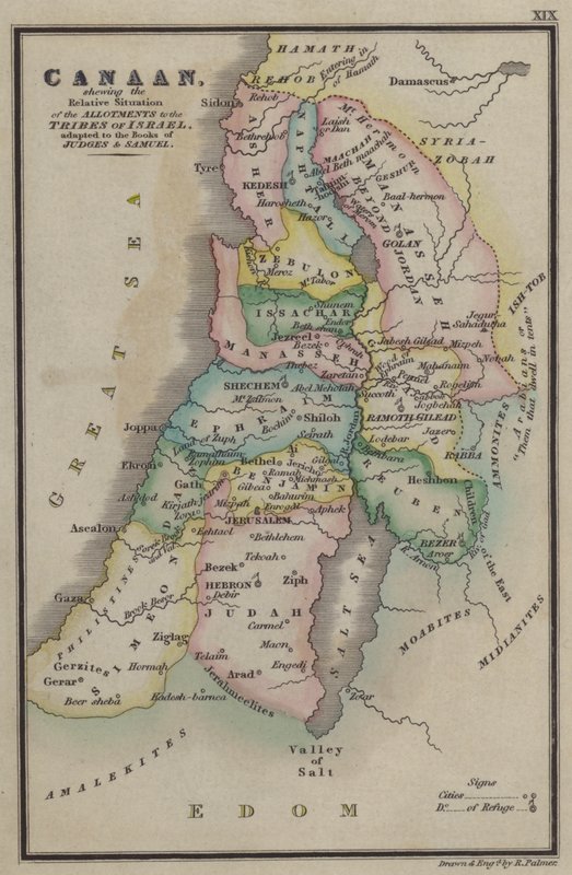 Kanaan, der viser den relative situation for tildelingerne til Israels stammer, tilpasset til Dommerbøgerne og Samuelsbøgerne (farvet indgravering) af English School