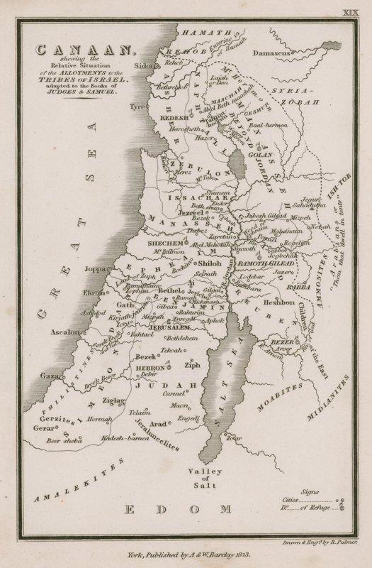 Kanaan, der viser den relative situation for tildelingerne til Israels stammer, tilpasset til Dommerbøgerne og Samuelsbøgerne af English School
