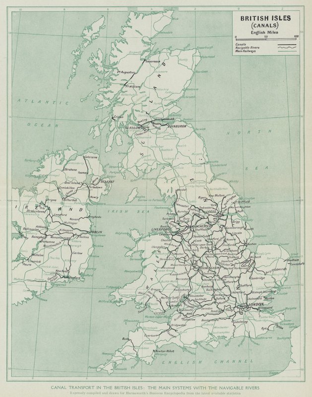 Kanaltransport på de britiske øer, de vigtigste systemer med de sejlbare floder (litho) af English School