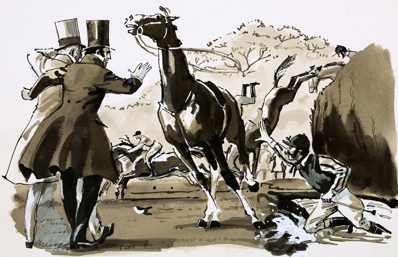 Kaptajn Becher, smidt mod et hegn under Grand National (gouache på papir) af English School