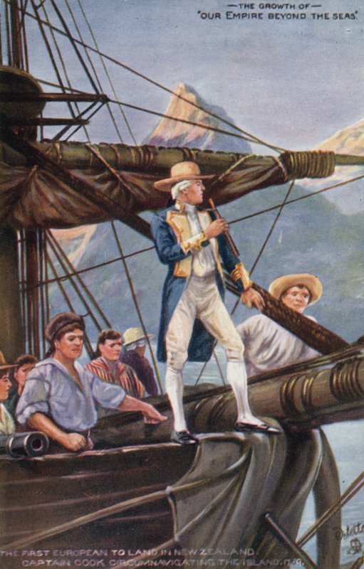 Kaptajn Cook sejler rundt New Zealand, 1769 af English School