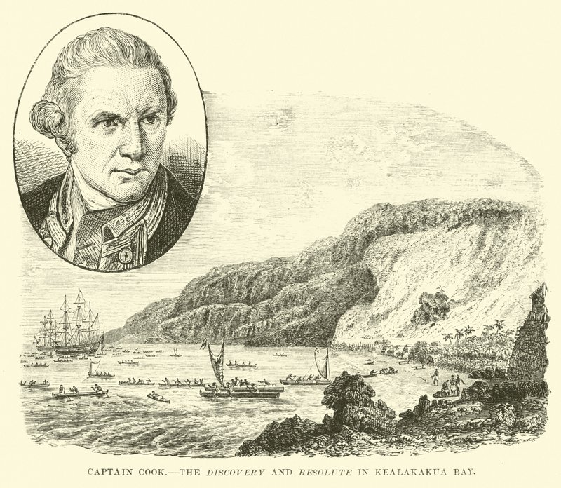 Captain Cook, Discovery and Resolute i Kealakekua Bay af English School