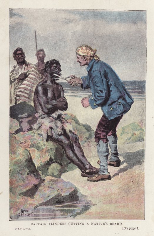 Kaptajn Flinders skærer en indfødts skæg (farve litho) af English School