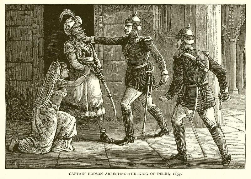 Kaptajn Hodson arresterer kongen af Delhi, 1857 af English School
