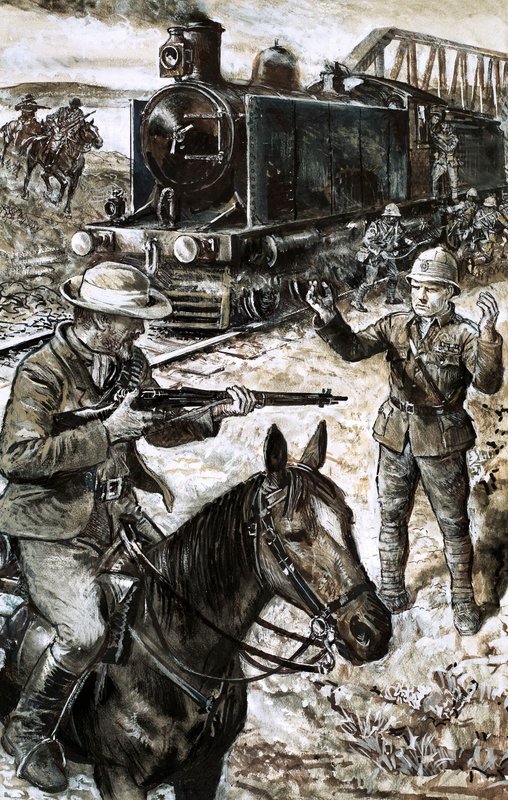 Tilfangetagelse af Winston Churchill under Boerkrigen (gouache på papir) af English School