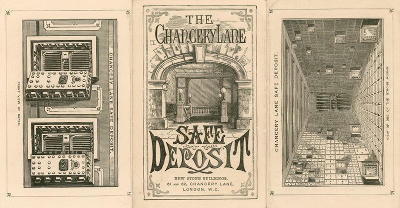 Kort, der annoncerer Chancery Lane Safe Deposit, 61-62 Chancery Lane, London af English School