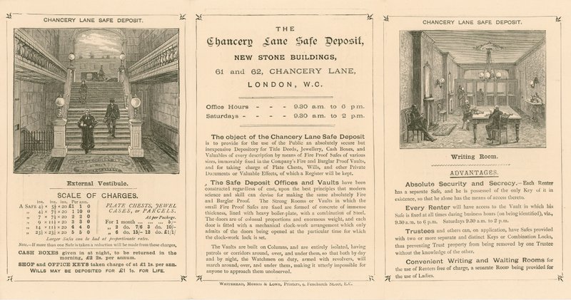 Kort, der annoncerer Chancery Lane Safe Deposit, 61-62 Chancery Lane, London af English School
