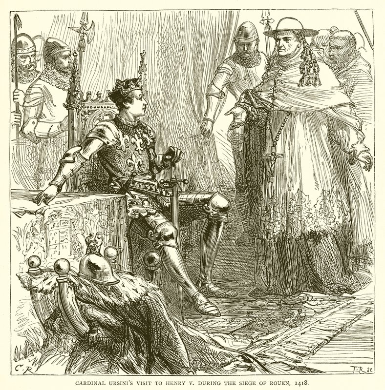 Kardinal Ursinis besøg hos Henrik V under belejringen af Rouen, 1418 af English School