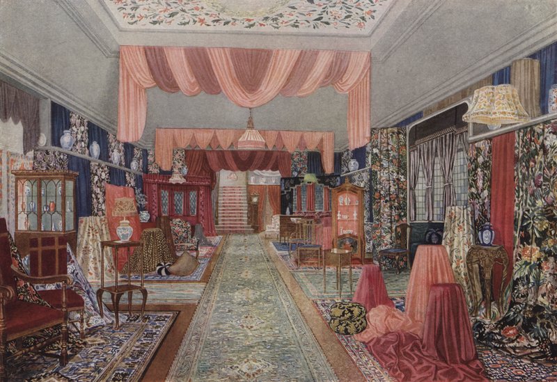 Showroom for tæpper og tekstiler hos Williamson and Cole (farvelitografi) af English School