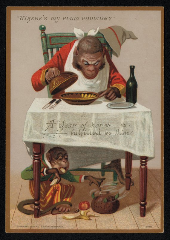 Tegneserie af aber og en blommebudding, nytårs lykønskningskort. (chromolitho) af English School