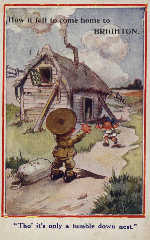Tegnefilm propaganda postkort af lille dreng soldat vender tilbage til pige og ødelagt hjem af English School