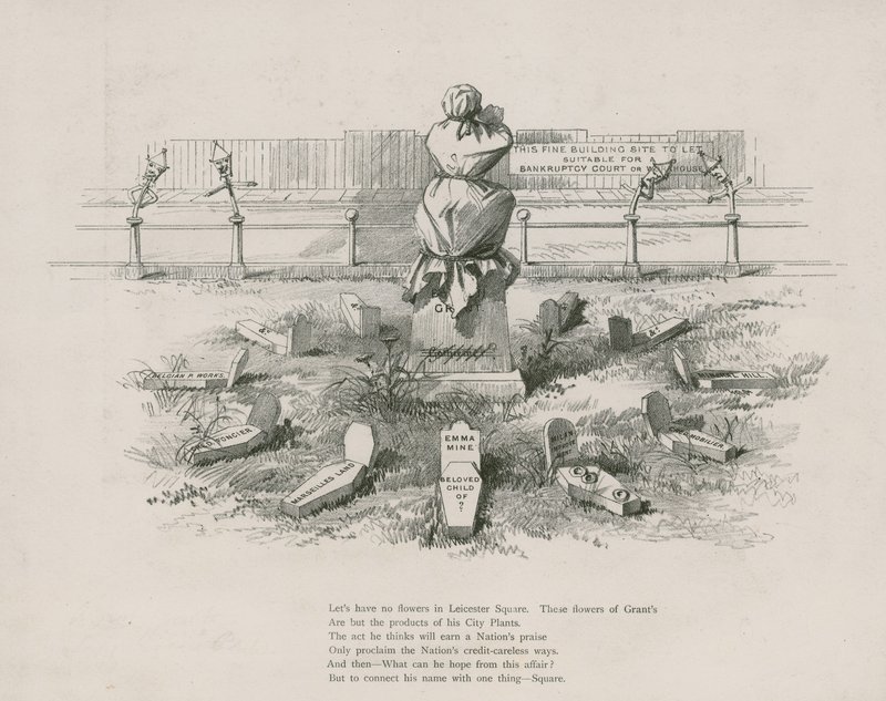Tegneserie, satire over Albert Grant, gravene repræsenterer hans lyssky spekulationer af English School