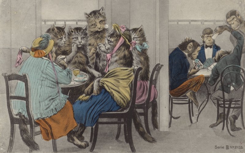 Katte, der drikker te, og aber, der spiller kort (farvelitografi) af English School