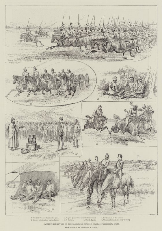 Kavalerimanøvrer i Bangalore-divisionen, Madras-præsidentskabet, Indien (gravering) af English School