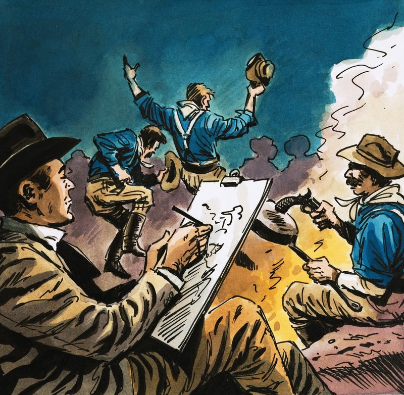 Kavalerist danser omkring et lejrbål med Arthur Boyd Houghton, der tegner af English School