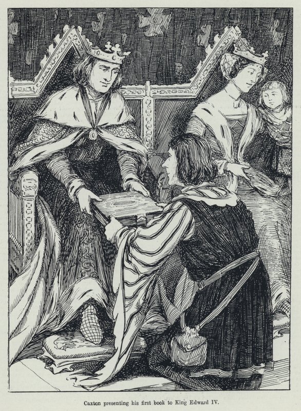 Caxton præsenterer sin første bog til kong Edward IV (litho) af English School