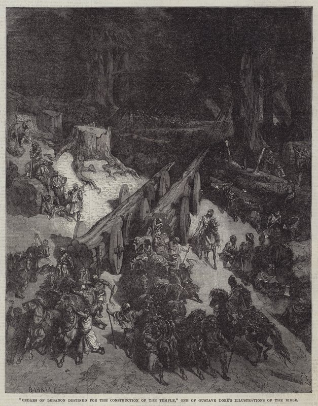"Libanons cederer bestemt til opførelsen af templet," En af Gustave Dores illustrationer af Bibelen (gravering) af English School