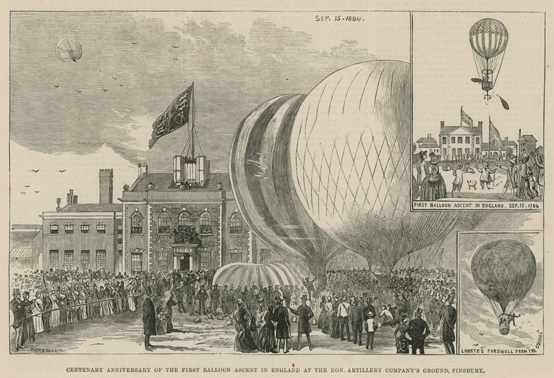 Hundredårsdagen for den første ballonopstigning i England ved Hon. Artillery Company, Finsbury af English School