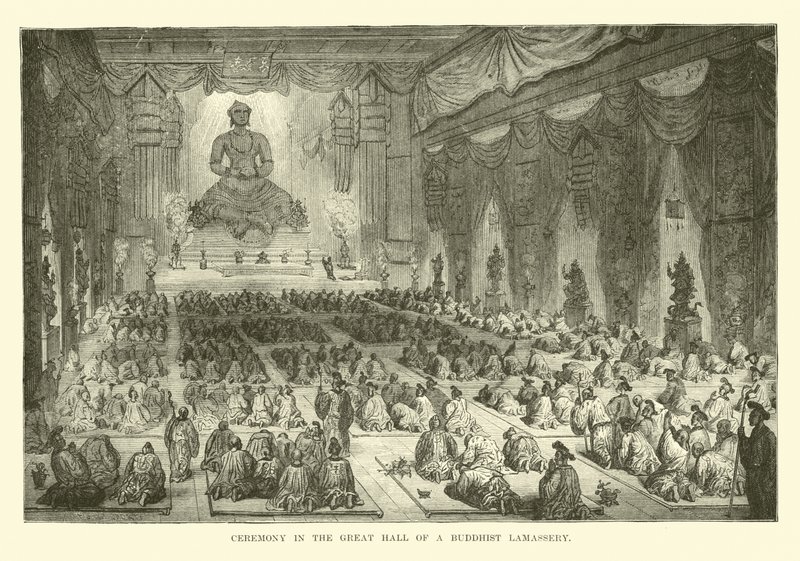 Ceremoni i den store sal i et buddhistisk lamasseri af English School