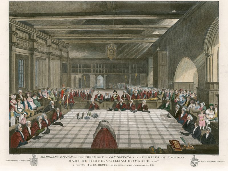 Ceremoni for præsentation af sherifferne i London, Samuel Birch og William Heygate, i finansretten, i morgen efter Michaelmas Day, 1811 af English School