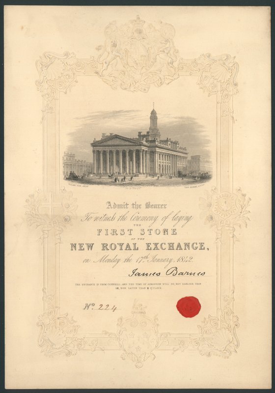 Ceremoni for nedlæggelse af den første sten til New Royal Exchange, London, den 17. januar 1842 af English School