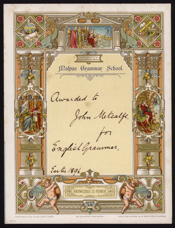 Certifikat for engelsk grammatik tildelt en elev fra Malpas Grammar School, Cheshire af English School