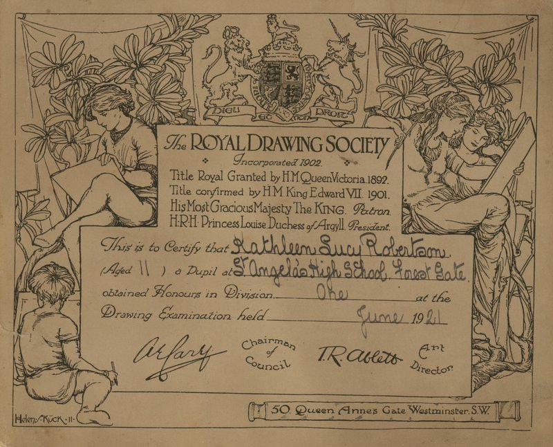Certifikat givet af Royal Drawing Society af English School