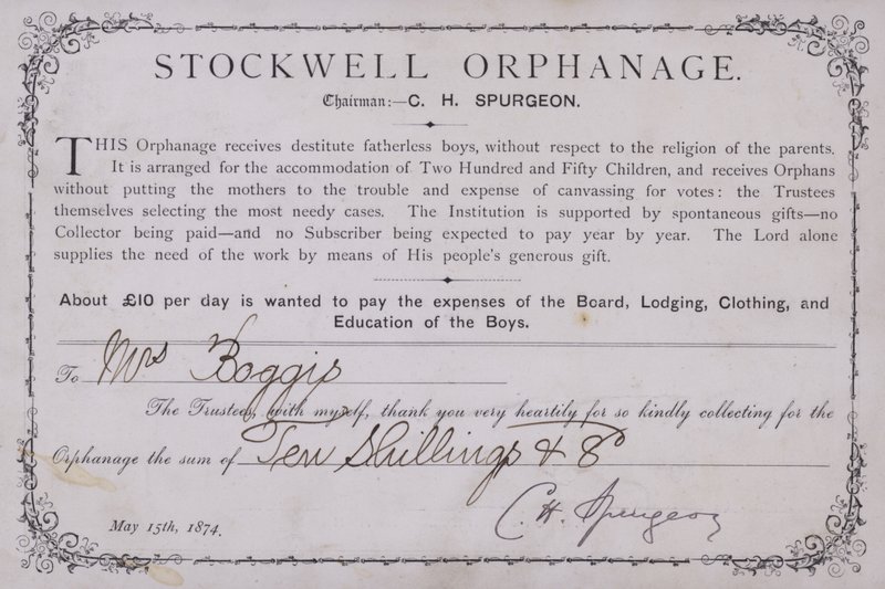 Takbevis for en donation til Stockwell Orphanage, London, 1874 af English School