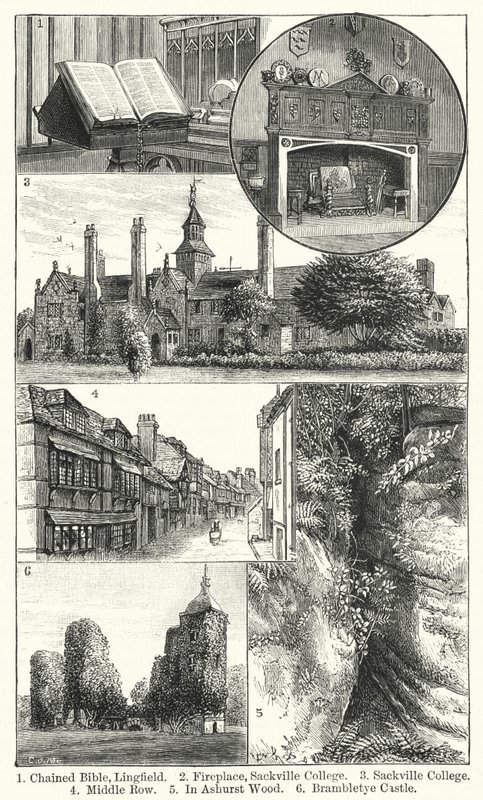 Chained Bible, Lingfield; Pejs, Sackville College; Sackville College; Midterste række; I Ashurst Wood; Brambletye Castle (gravering) af English School