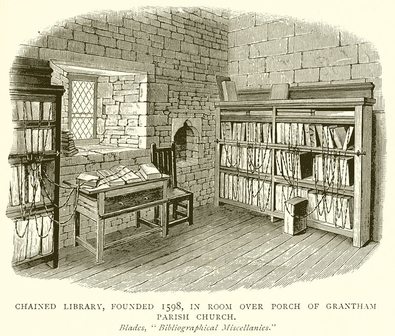 Chained Library, grundlagt 1598, i Room over Porch of Grantham Parish Church af English School