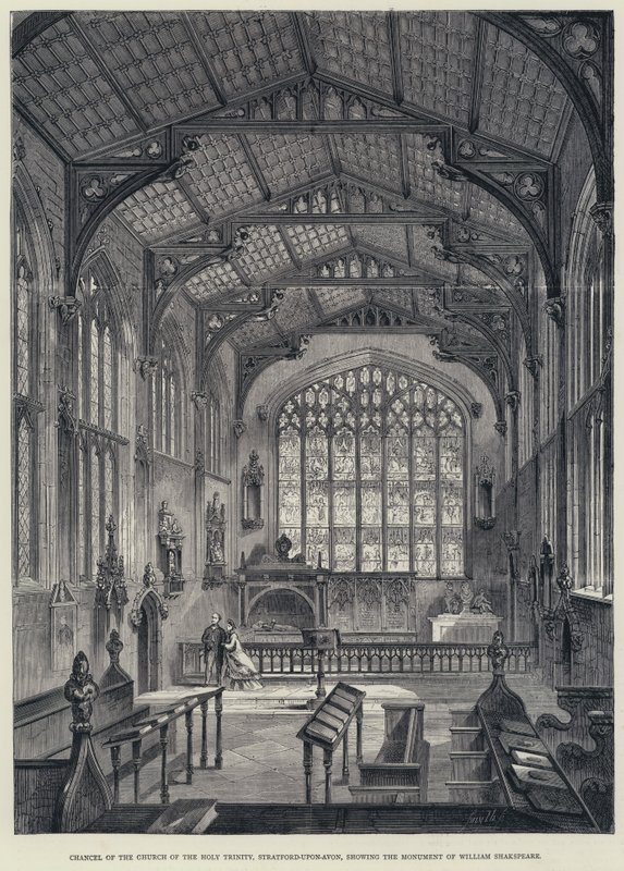 Chancell of the Church of the Holy Trinity, Stratford-upon-Avon, der viser William Shakspeares monument (gravering) af English School