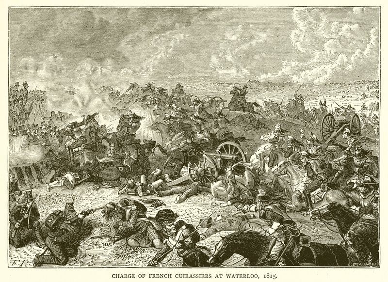 Anklagen for franske kuirassier i Waterloo, 1815 af English School