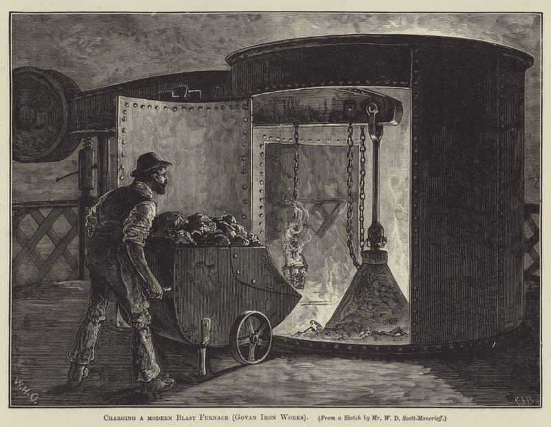 Opladning af en moderne højovn (Govan Iron Works) (gravering) af English School