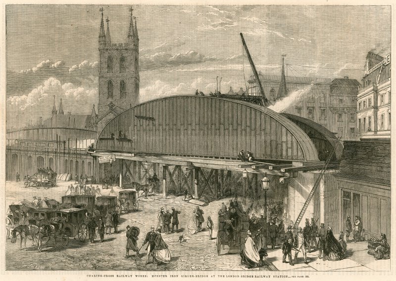 Charing Cross Railway fungerer: monsterjernsbjælkebro ved London Bridge Railway Station af English School