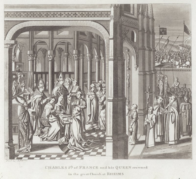 Charles 5. af Frankrig og hans dronning kronet i den store kirke i Reims af English School
