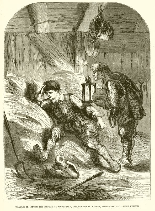 Charles II., efter nederlaget ved Worcester, opdaget i en lade, hvor han havde søgt tilflugt af English School