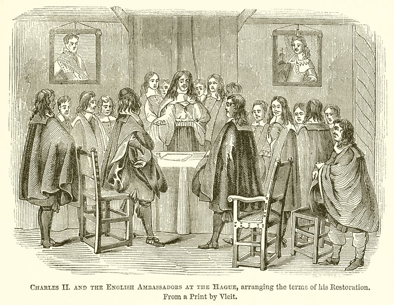 Charles II og de engelske ambassadører i Haag, arrangerede vilkårene for hans restaurering af English School