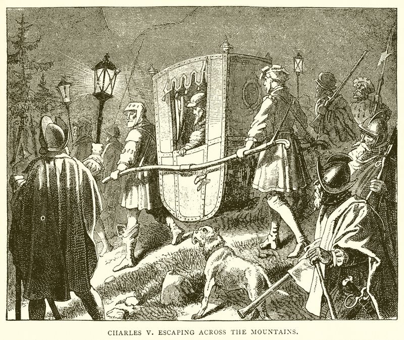 Charles V flygter over bjergene af English School