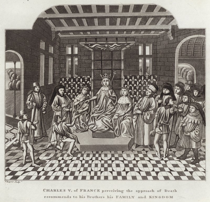 Charles V af Frankrig, der opfatter dødens tilgang, anbefaler sine brødre sin familie og rige af English School