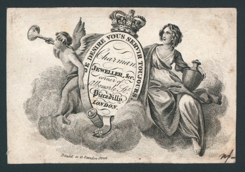 Charmant, juveler, hjørnet af Albemarle Street og Piccadilly, handelskort af English School