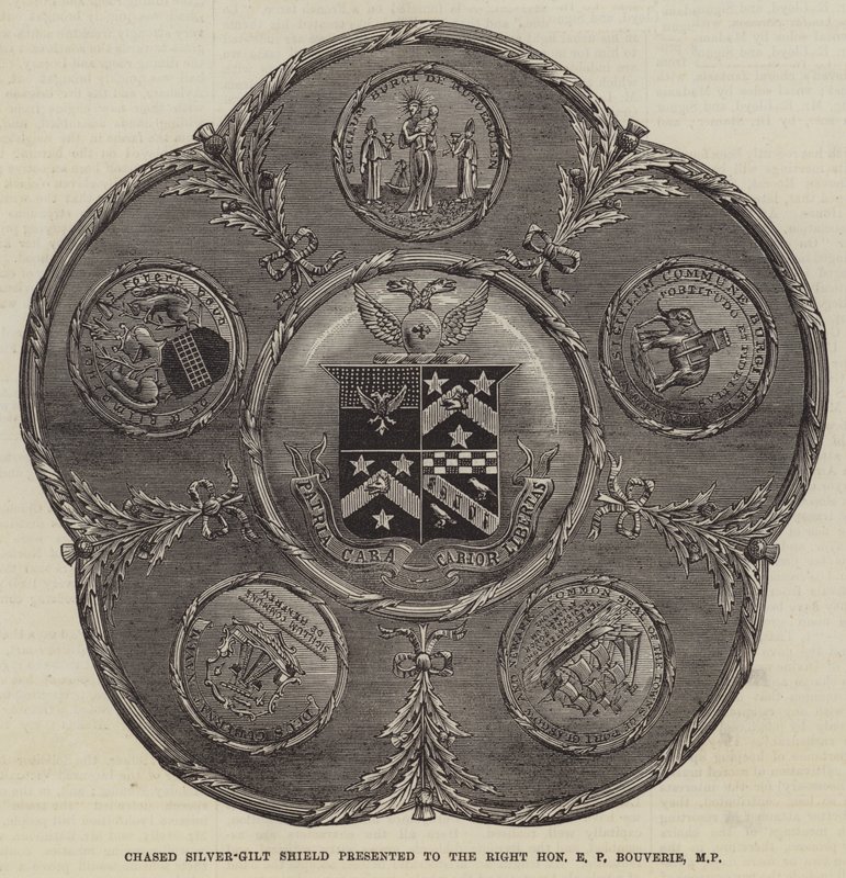 Chased Silver-Gilt Shield præsenteret for den højre ærede E P Bouverie, MP (gravering) af English School