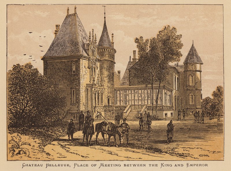 Chateau Bellevue, mødestedet mellem kongen og kejseren (koloreret stik) af English School