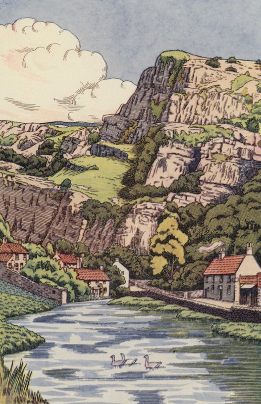 Cheddar Cliffs (farve litho) af English School
