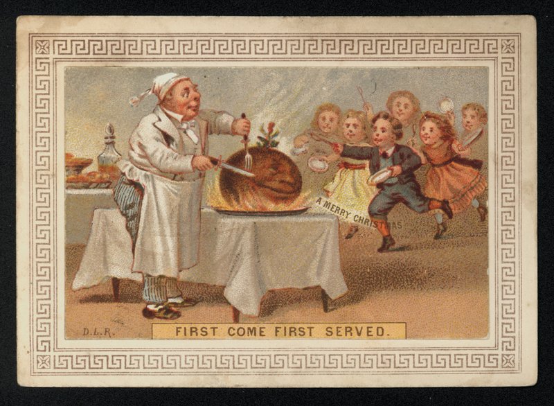 Kokken skærer en blommebudding op, julehilsenskort. (chromolitho) af English School
