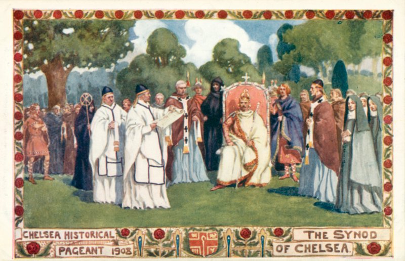 Chelsea Historical Pageant 1908, synoden i Chelsea (farve litho) af English School